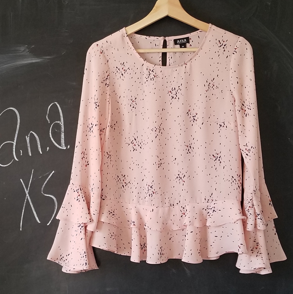 A.n.a Ruffle Blouse Top Blush Pink Sz S Long Sleeve Bell Sleeves